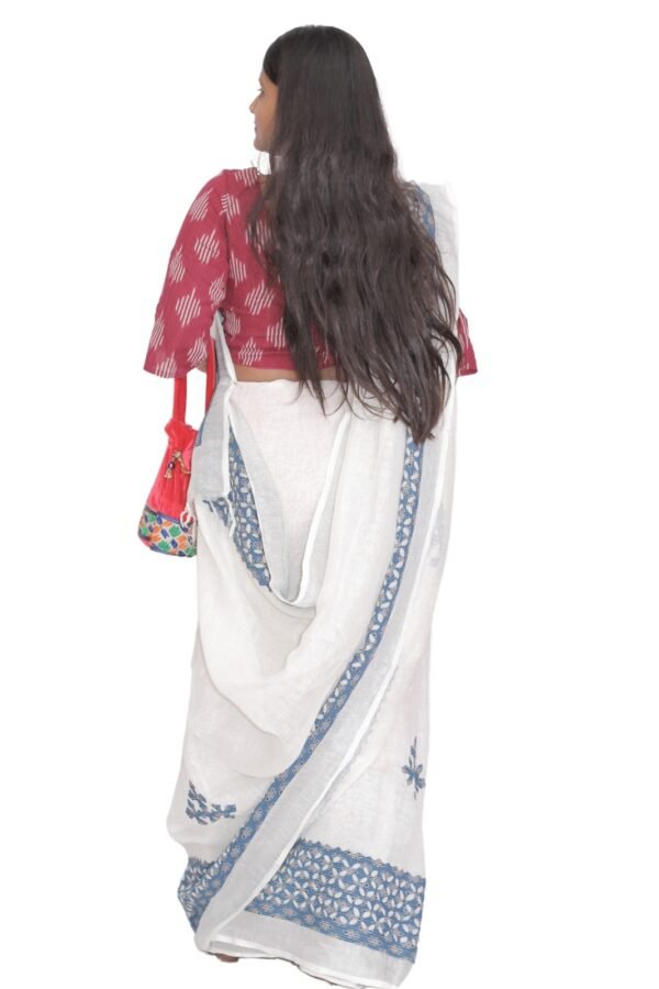 Tisser Linen Applique Cutwork Saree with Blouse Piece (White/Blue) - Image 5