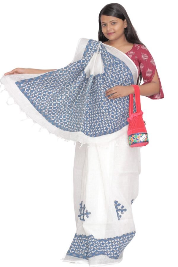 Tisser Linen Applique Cutwork Saree with Blouse Piece (White/Blue) - Image 6