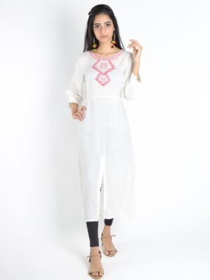 Tisser Cotton Handloom Warli Painted Kurti (White)