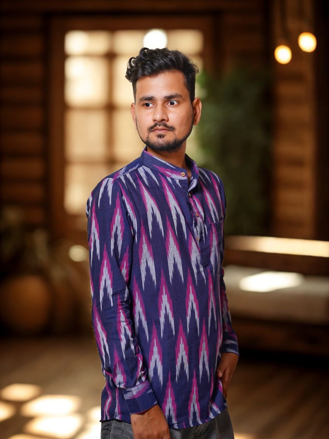 Tisser Handwoven Ikat Cotton Full Sleeve With Chinese Collar Shirt - Image 5