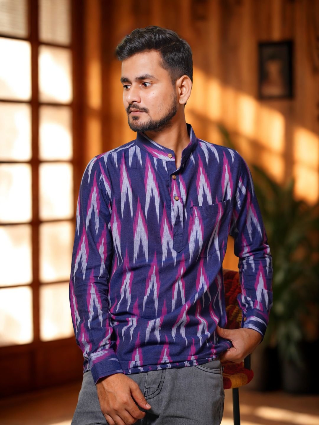 Tisser Handwoven Ikat Cotton Full Sleeve With Chinese Collar Shirt