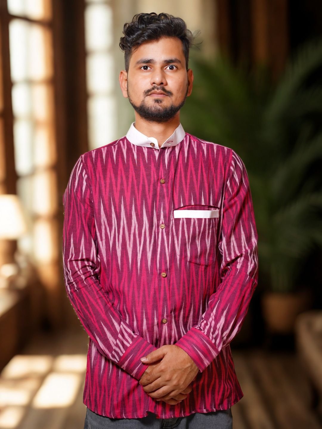 Tisser Handwoven Ikat Cotton Full Sleeve With Chinese Collar Shirt