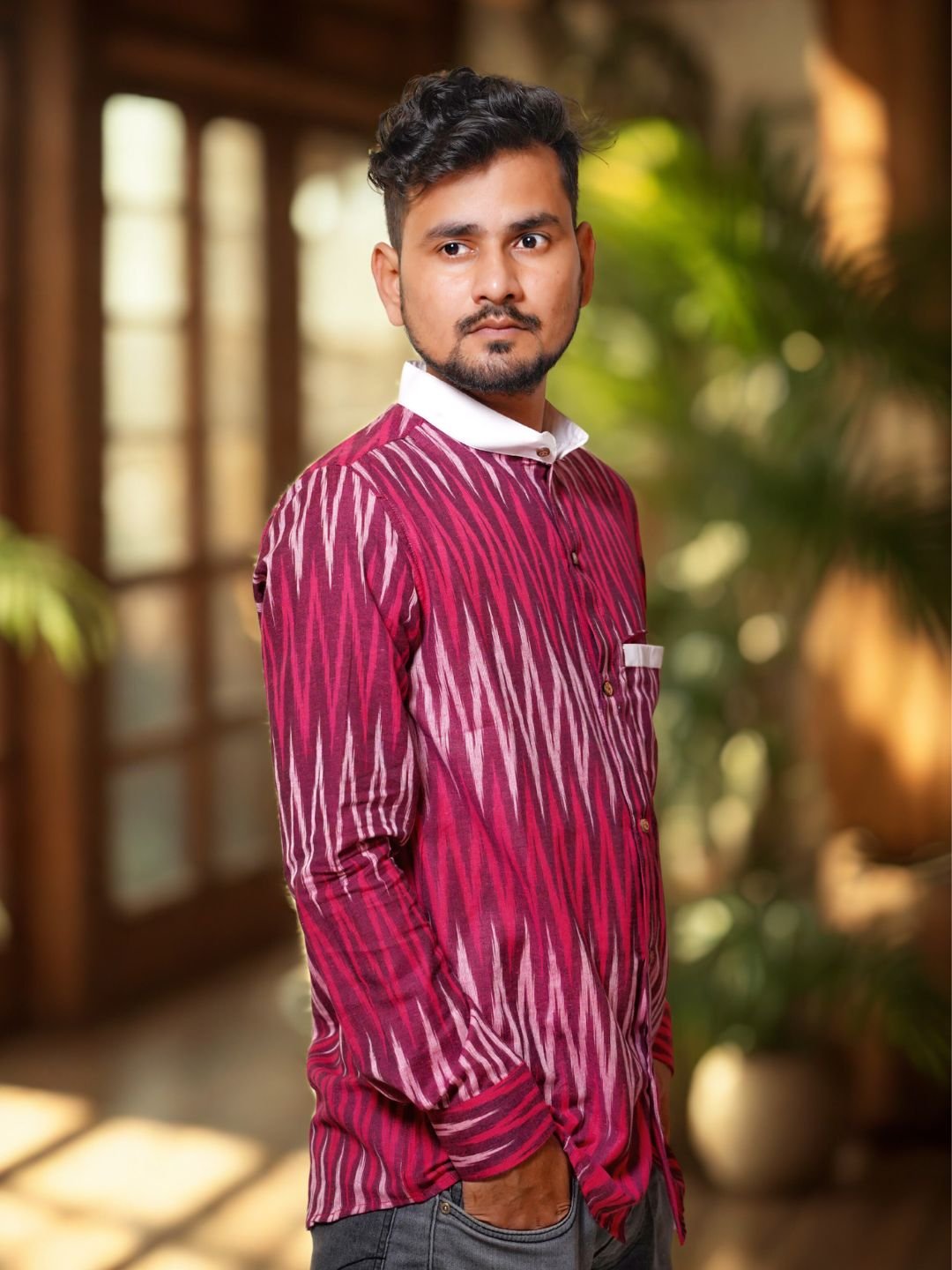 Tisser Handwoven Ikat Cotton Full Sleeve With Chinese Collar Shirt - Image 2