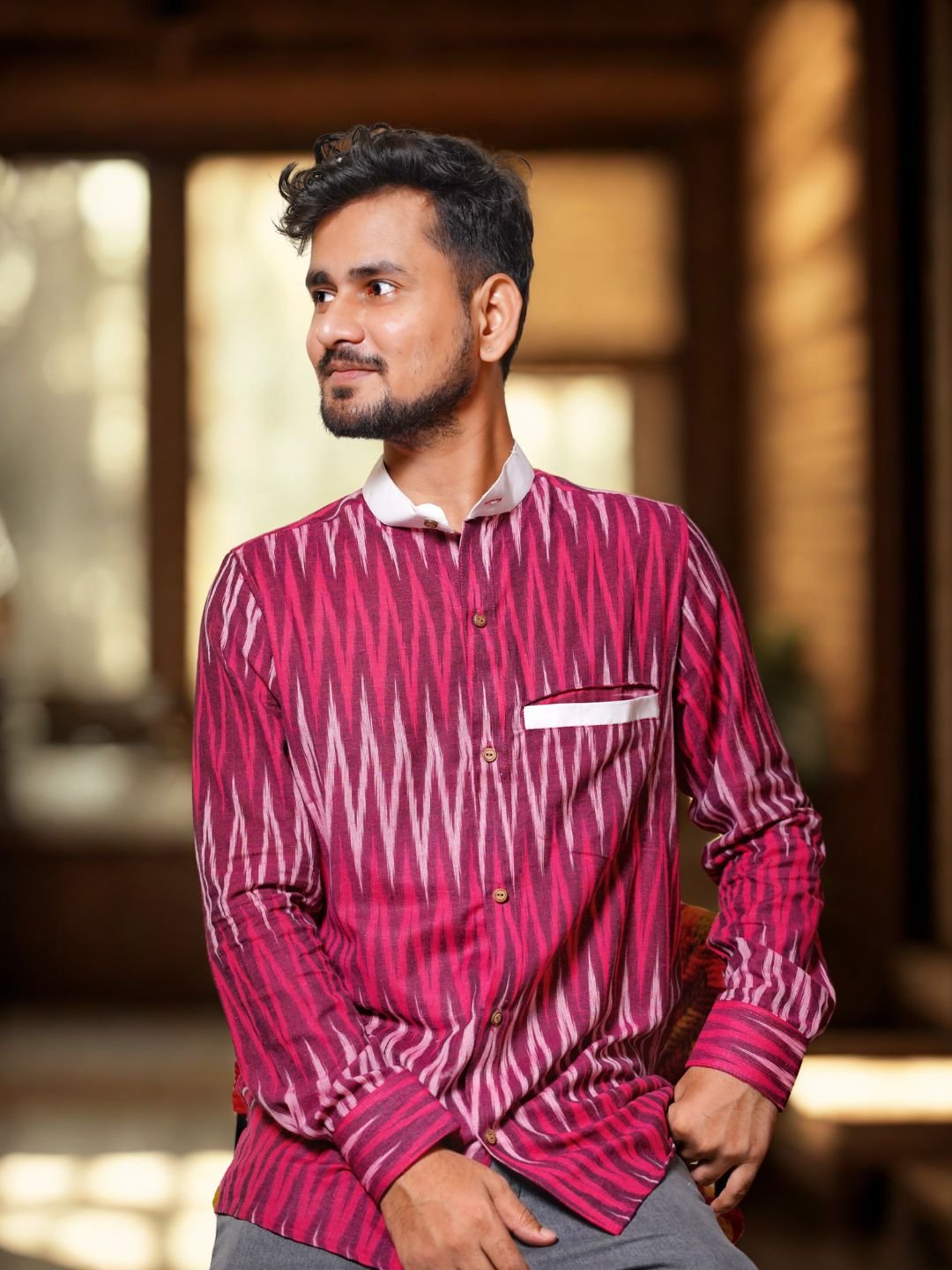 Tisser Handwoven Ikat Cotton Full Sleeve With Chinese Collar Shirt - Image 4