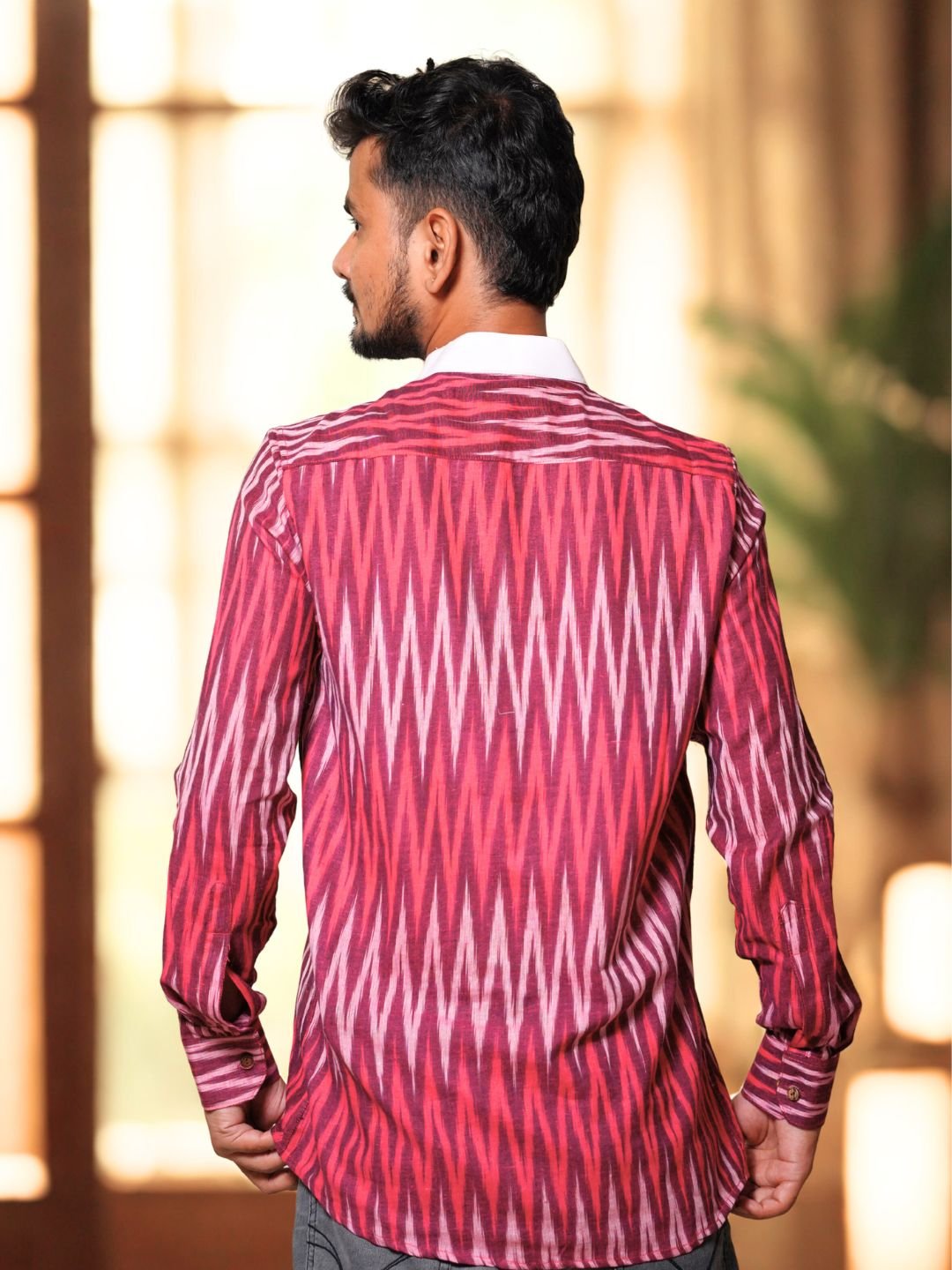 Tisser Handwoven Ikat Cotton Full Sleeve With Chinese Collar Shirt - Image 5