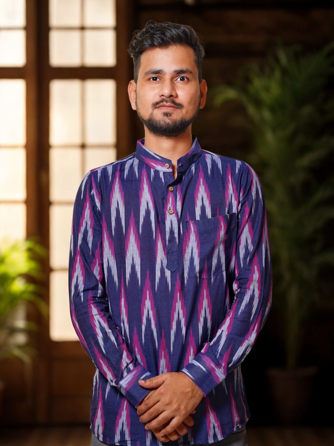 Tisser Handwoven Ikat Cotton Full Sleeve With Chinese Collar Shirt - Image 2
