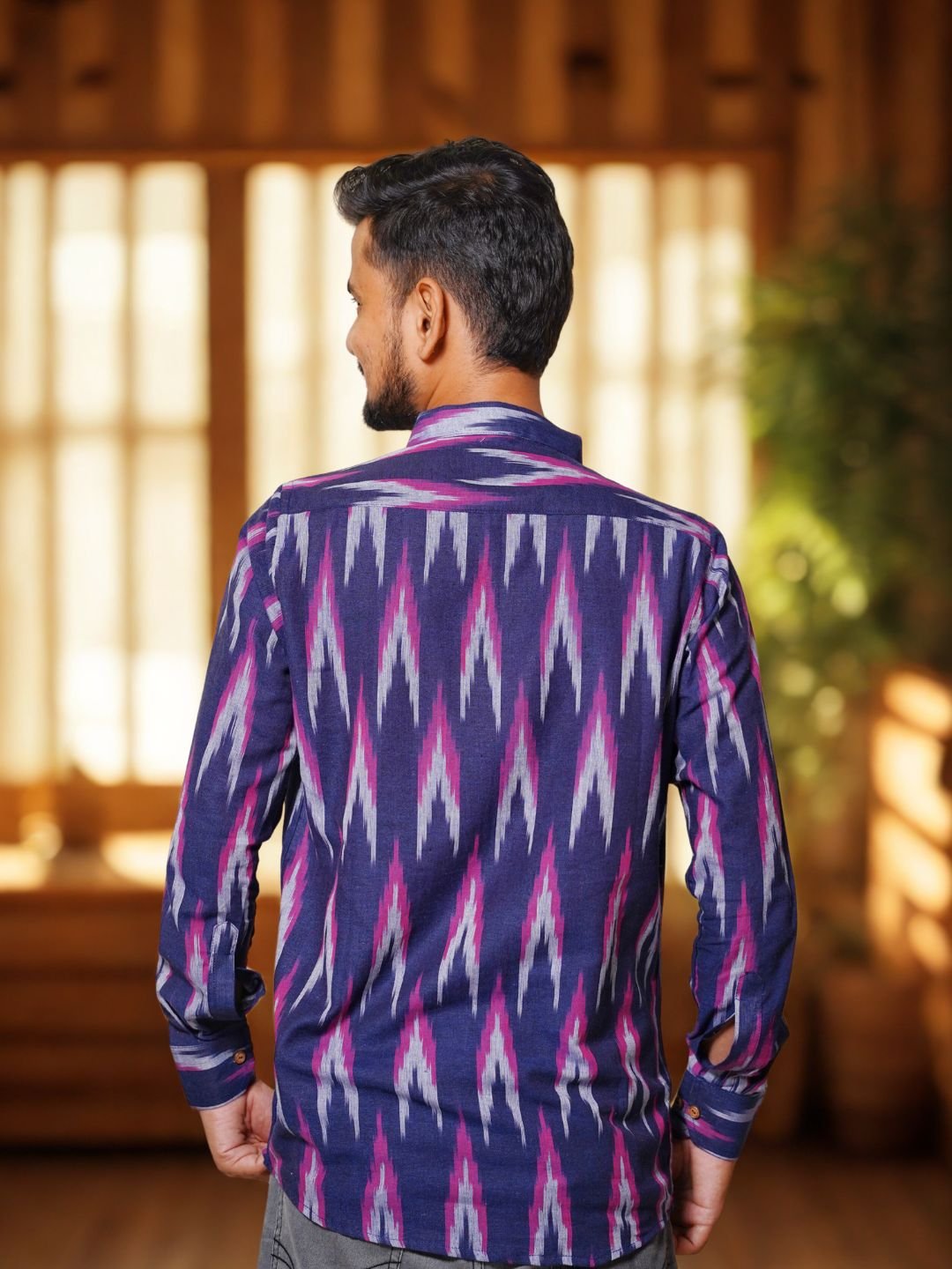 Tisser Handwoven Ikat Cotton Full Sleeve With Chinese Collar Shirt - Image 3