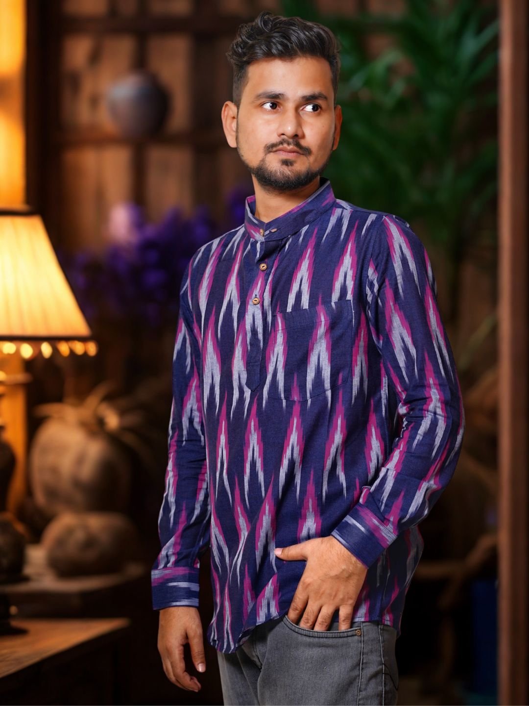 Tisser Handwoven Ikat Cotton Full Sleeve With Chinese Collar Shirt - Image 4