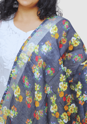 Pure Linen Digital Print with Silver Border Dupatta