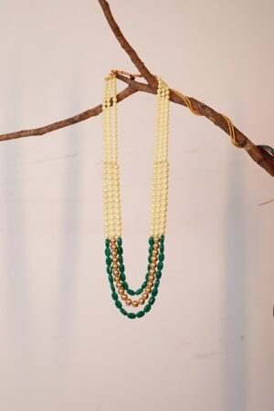 Handwork Oomph Green Pearls & Kundan Ethnic Mala Long Necklace Set