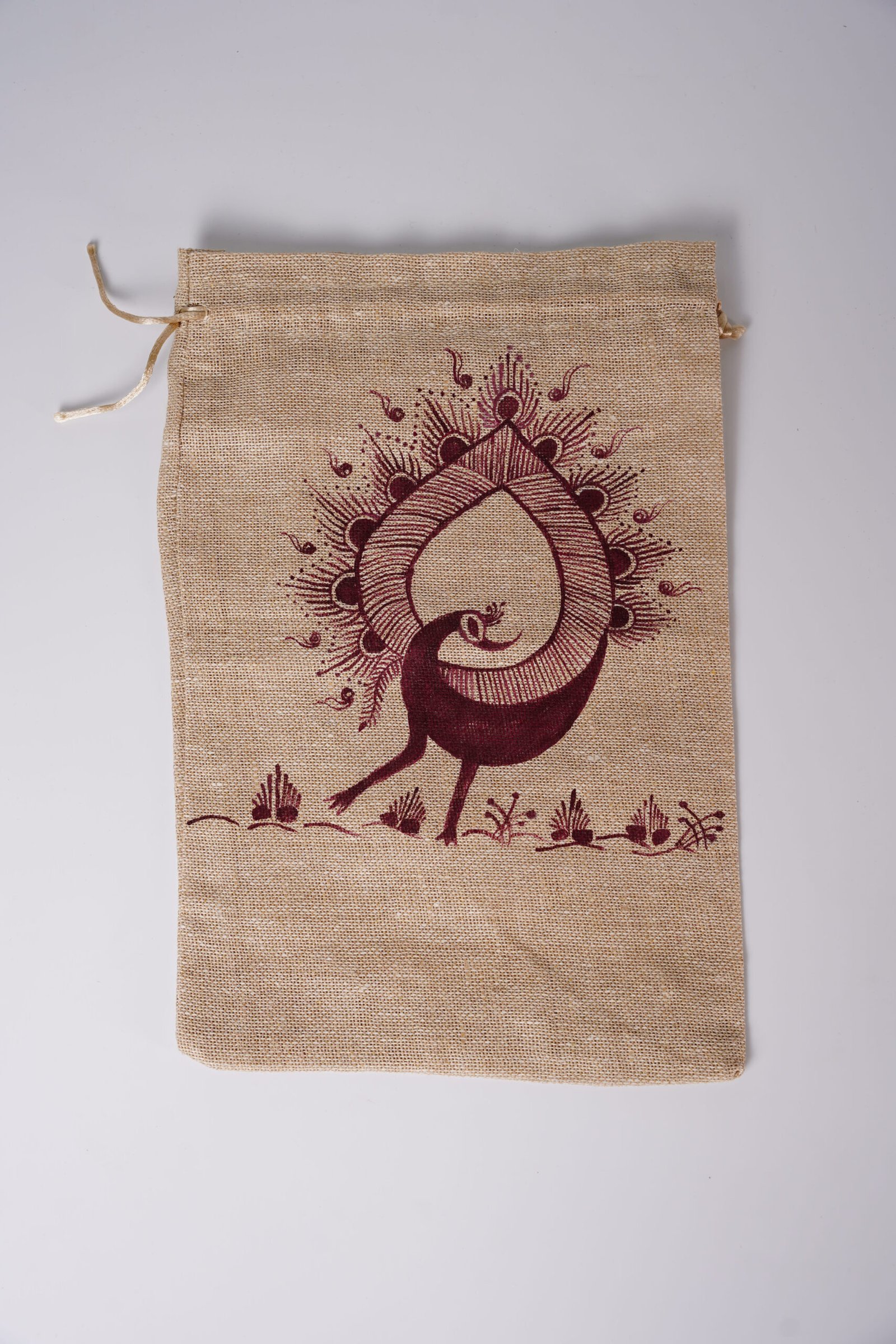 Warli Hand-printed Peacock Art Jute Pouch (Set Of 5) - Image 4