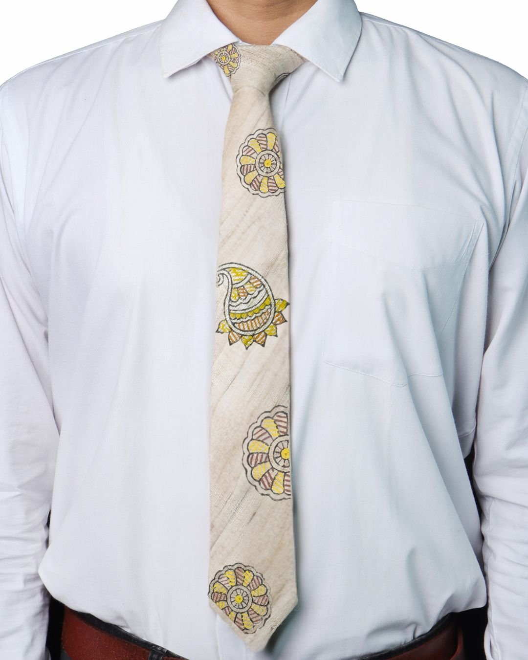 Tisser Handpainted Madhubani Silk Tie (Beige , Yellow & Brown) - Image 2